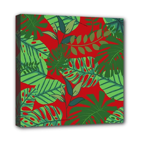 Leaves Leaf Nature Pattern Red Green Mini Canvas 8  X 8  (stretched) by Cowasu