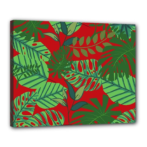 Leaves Leaf Nature Pattern Red Green Canvas 20  X 16  (stretched) by Cowasu