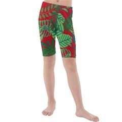 Leaves Leaf Nature Pattern Red Green Kids  Mid Length Swim Shorts by Cowasu