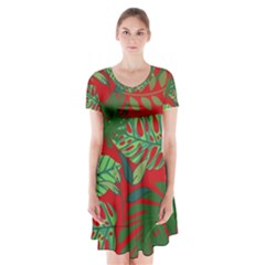 Leaves Leaf Nature Pattern Red Green Short Sleeve V-neck Flare Dress by Cowasu