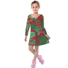 Leaves Leaf Nature Pattern Red Green Kids  Long Sleeve Velvet Dress