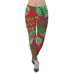 Leaves Leaf Nature Pattern Red Green Velvet Leggings by Cowasu