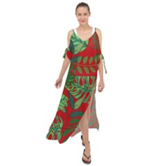 Leaves Leaf Nature Pattern Red Green Maxi Chiffon Cover Up Dress by Cowasu