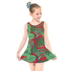 Leaves Leaf Nature Pattern Red Green Kids  Skater Dress Swimsuit by Cowasu