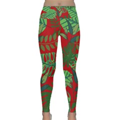 Leaves Leaf Nature Pattern Red Green Lightweight Velour Classic Yoga Leggings