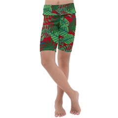 Leaves Leaf Nature Pattern Red Green Kids  Lightweight Velour Cropped Yoga Leggings