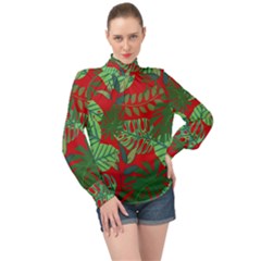 Leaves Leaf Nature Pattern Red Green High Neck Long Sleeve Chiffon Top by Cowasu