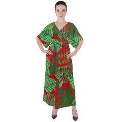 Leaves Leaf Nature Pattern Red Green V-neck Boho Style Maxi Dress by Cowasu