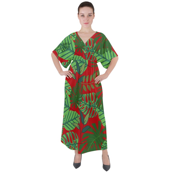 Leaves Leaf Nature Pattern Red Green V-Neck Boho Style Maxi Dress