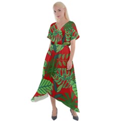 Leaves Leaf Nature Pattern Red Green Cross Front Sharkbite Hem Maxi Dress