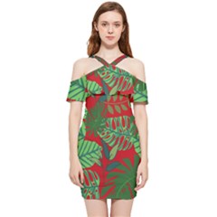 Leaves Leaf Nature Pattern Red Green Shoulder Frill Bodycon Summer Dress by Cowasu