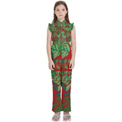 Leaves Leaf Nature Pattern Red Green Kids  Sleeveless Ruffle Edge Band Collar Chiffon One Piece