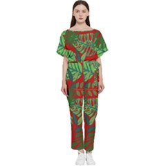 Leaves Leaf Nature Pattern Red Green Batwing Lightweight Chiffon Jumpsuit by Cowasu