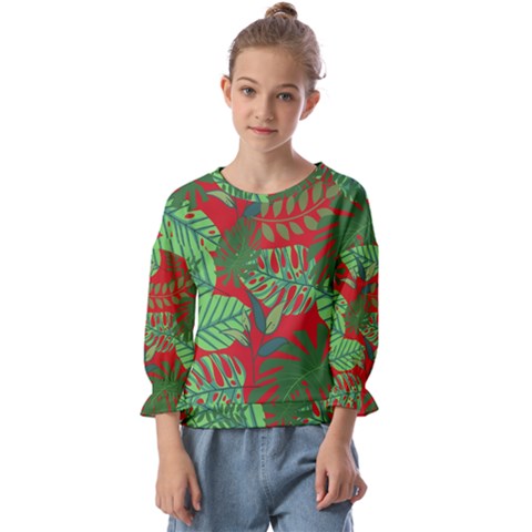 Leaves Leaf Nature Pattern Red Green Kids  Cuff Sleeve Top by Cowasu