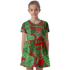 Leaves Leaf Nature Pattern Red Green Kids  Short Sleeve Pinafore Style Dress by Cowasu