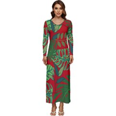 Leaves Leaf Nature Pattern Red Green Long Sleeve Longline Maxi Dress by Cowasu