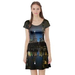 New York Night Central Park Skyscrapers Skyline Short Sleeve Skater Dress by Cowasu