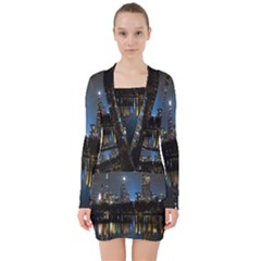 New York Night Central Park Skyscrapers Skyline V-neck Bodycon Long Sleeve Dress by Cowasu