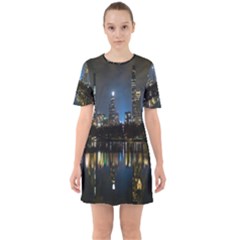 New York Night Central Park Skyscrapers Skyline Sixties Short Sleeve Mini Dress by Cowasu