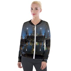 New York Night Central Park Skyscrapers Skyline Velvet Zip Up Jacket by Cowasu