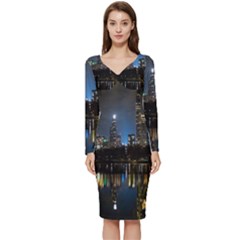 New York Night Central Park Skyscrapers Skyline Long Sleeve V-neck Bodycon Dress  by Cowasu