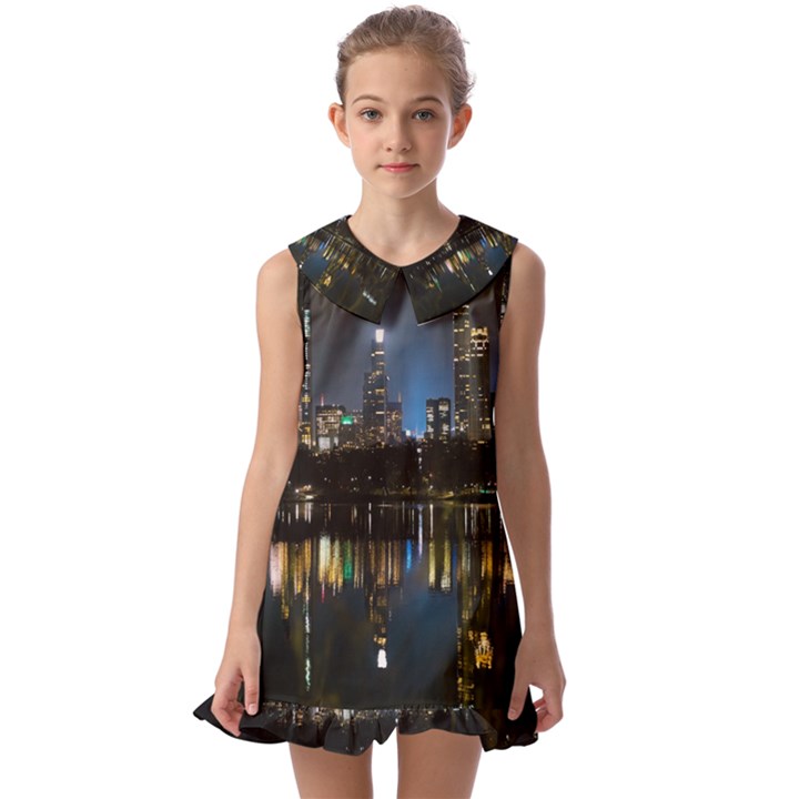 New York Night Central Park Skyscrapers Skyline Kids  Pilgrim Collar Ruffle Hem Dress