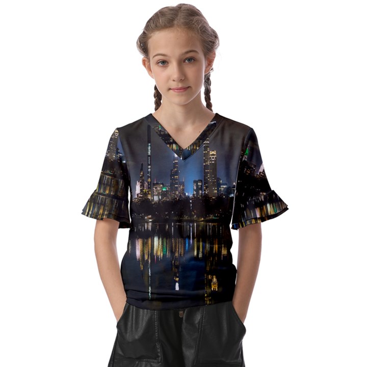 New York Night Central Park Skyscrapers Skyline Kids  V-Neck Horn Sleeve Blouse