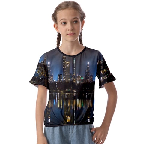 New York Night Central Park Skyscrapers Skyline Kids  Cuff Sleeve Scrunch Bottom Tee by Cowasu