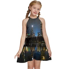 New York Night Central Park Skyscrapers Skyline Kids  Halter Collar Waist Tie Chiffon Dress by Cowasu