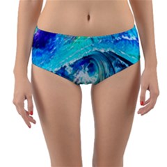 Tsunami Waves Ocean Sea Nautical Nature Water Painting Reversible Mid-waist Bikini Bottoms by Cowasu