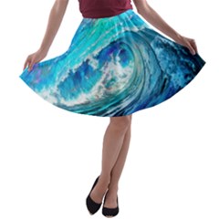 Tsunami Waves Ocean Sea Nautical Nature Water Painting A-line Skater Skirt by Cowasu