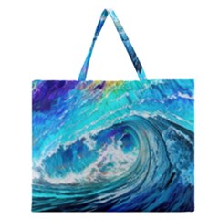 Tsunami Waves Ocean Sea Nautical Nature Water Painting Zipper Large Tote Bag