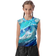 Tsunami Waves Ocean Sea Nautical Nature Water Painting Kids  Raglan Cap Sleeve Tee by Cowasu