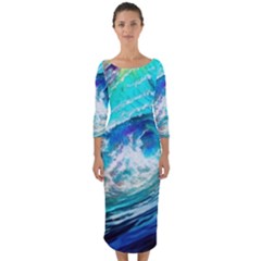 Tsunami Waves Ocean Sea Nautical Nature Water Painting Quarter Sleeve Midi Bodycon Dress by Cowasu