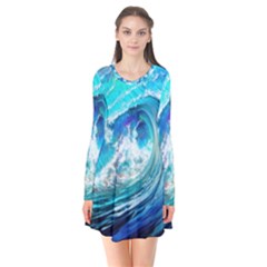 Tsunami Waves Ocean Sea Nautical Nature Water Painting Long Sleeve V-neck Flare Dress by Cowasu