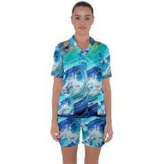 Tsunami Waves Ocean Sea Nautical Nature Water Painting Satin Short Sleeve Pajamas Set by Cowasu