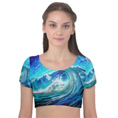 Tsunami Waves Ocean Sea Nautical Nature Water Painting Velvet Short Sleeve Crop Top  by Cowasu