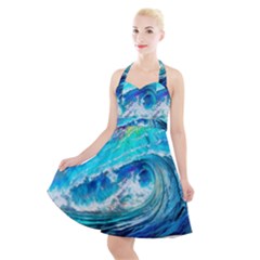 Tsunami Waves Ocean Sea Nautical Nature Water Painting Halter Party Swing Dress  by Cowasu