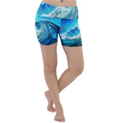 Tsunami Waves Ocean Sea Nautical Nature Water Painting Lightweight Velour Yoga Shorts by Cowasu