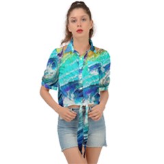 Tsunami Waves Ocean Sea Nautical Nature Water Painting Tie Front Shirt  by Cowasu