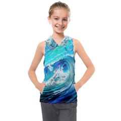 Tsunami Waves Ocean Sea Nautical Nature Water Painting Kids  Sleeveless Hoodie by Cowasu