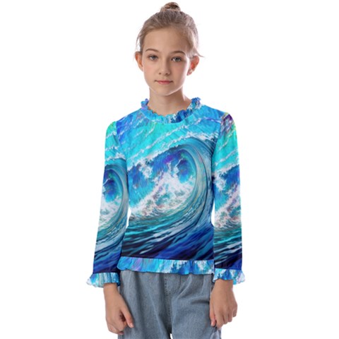 Tsunami Waves Ocean Sea Nautical Nature Water Painting Kids  Frill Detail Tee by Cowasu