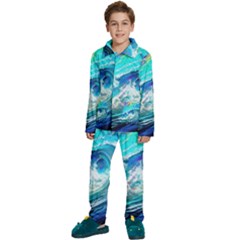 Tsunami Waves Ocean Sea Nautical Nature Water Painting Kids  Long Sleeve Velvet Pajamas Set by Cowasu