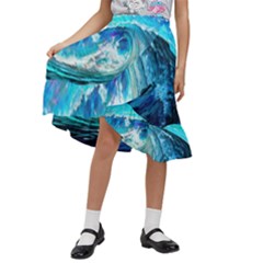 Tsunami Waves Ocean Sea Nautical Nature Water Painting Kids  Ruffle Flared Wrap Midi Skirt by Cowasu