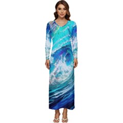 Tsunami Waves Ocean Sea Nautical Nature Water Painting Long Sleeve Longline Maxi Dress by Cowasu