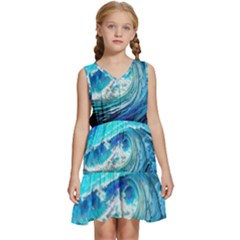 Tsunami Waves Ocean Sea Nautical Nature Water Painting Kids  Sleeveless Tiered Mini Dress by Cowasu