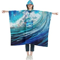 Tsunami Waves Ocean Sea Nautical Nature Water Painting Women s Hooded Rain Ponchos by Cowasu