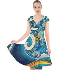 Waves Wave Ocean Sea Abstract Whimsical Abstract Art Cap Sleeve Front Wrap Midi Dress by Cowasu