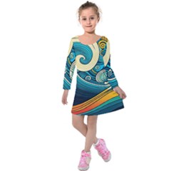 Waves Wave Ocean Sea Abstract Whimsical Abstract Art Kids  Long Sleeve Velvet Dress