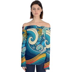 Waves Wave Ocean Sea Abstract Whimsical Abstract Art Off Shoulder Long Sleeve Top